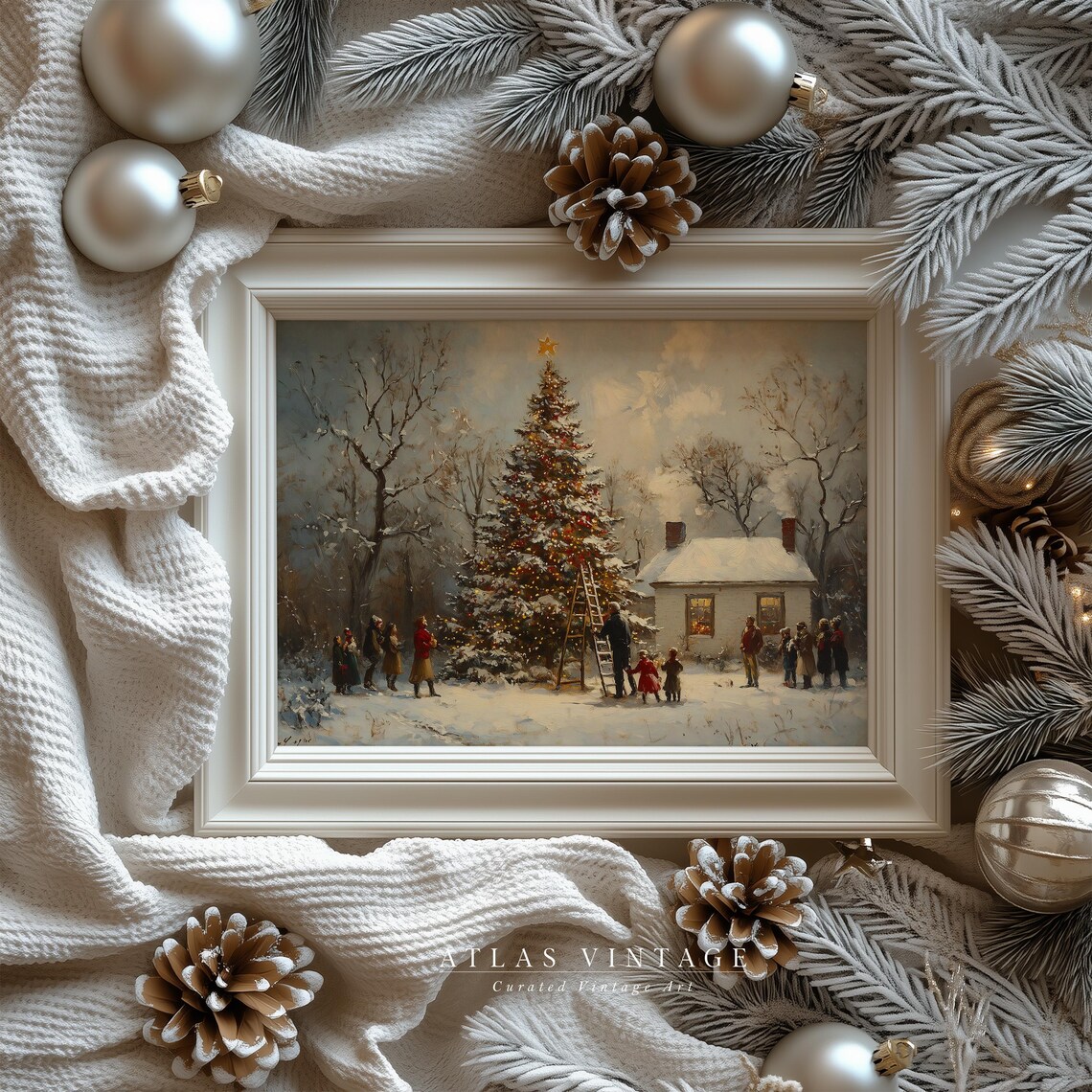 Snowy Christmas Tree Lighting Gathering Vintage Oil Painting Poster - Image 2