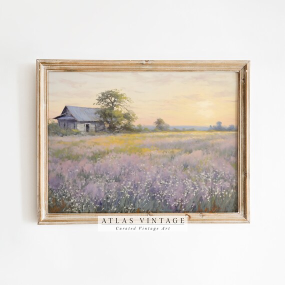 Wildflower Meadow With Rustic Barn Sunset Vintage Floral Field Art Poster