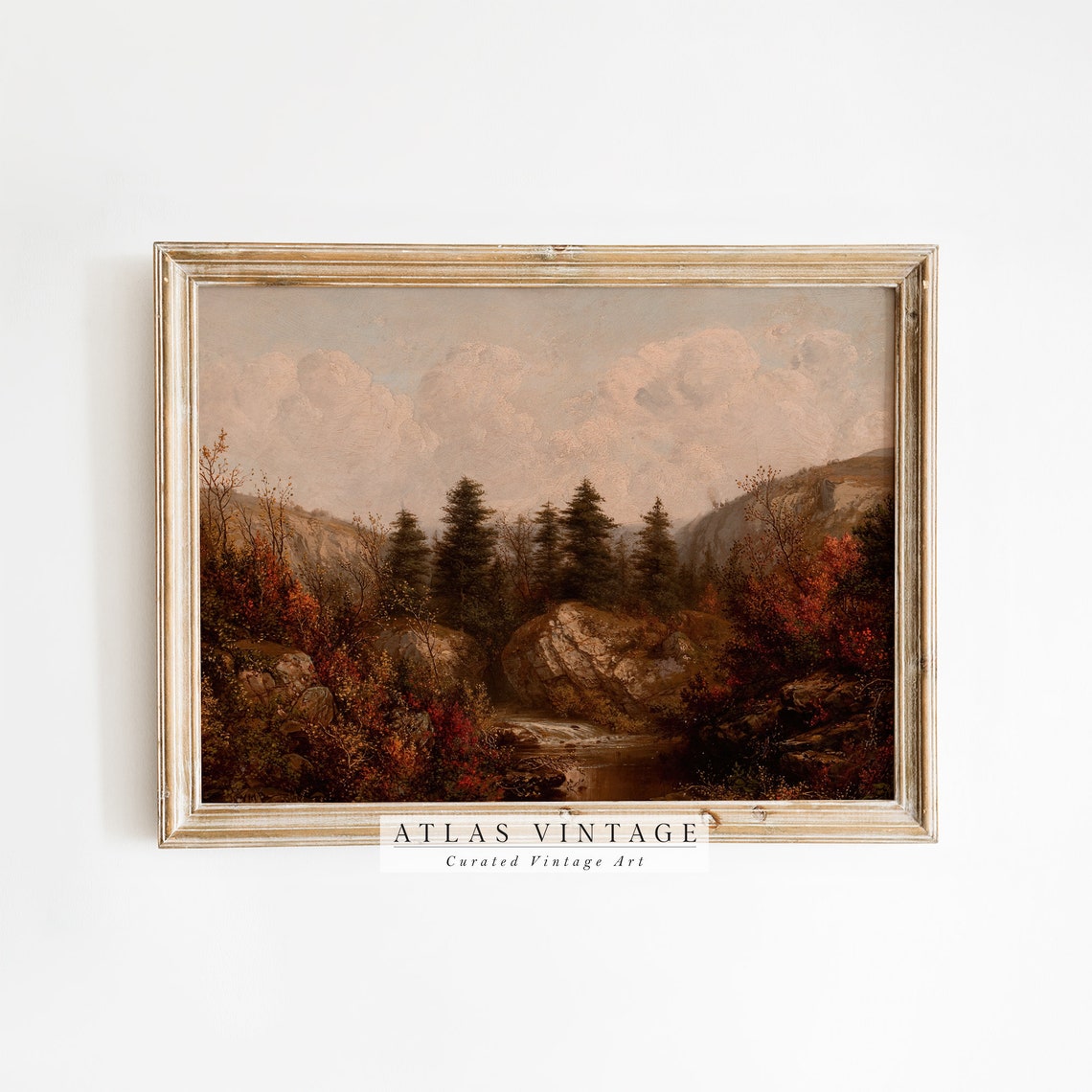 Vintage Autumn Pine Forest with Mountain Stream Landscape Poster - Image 8