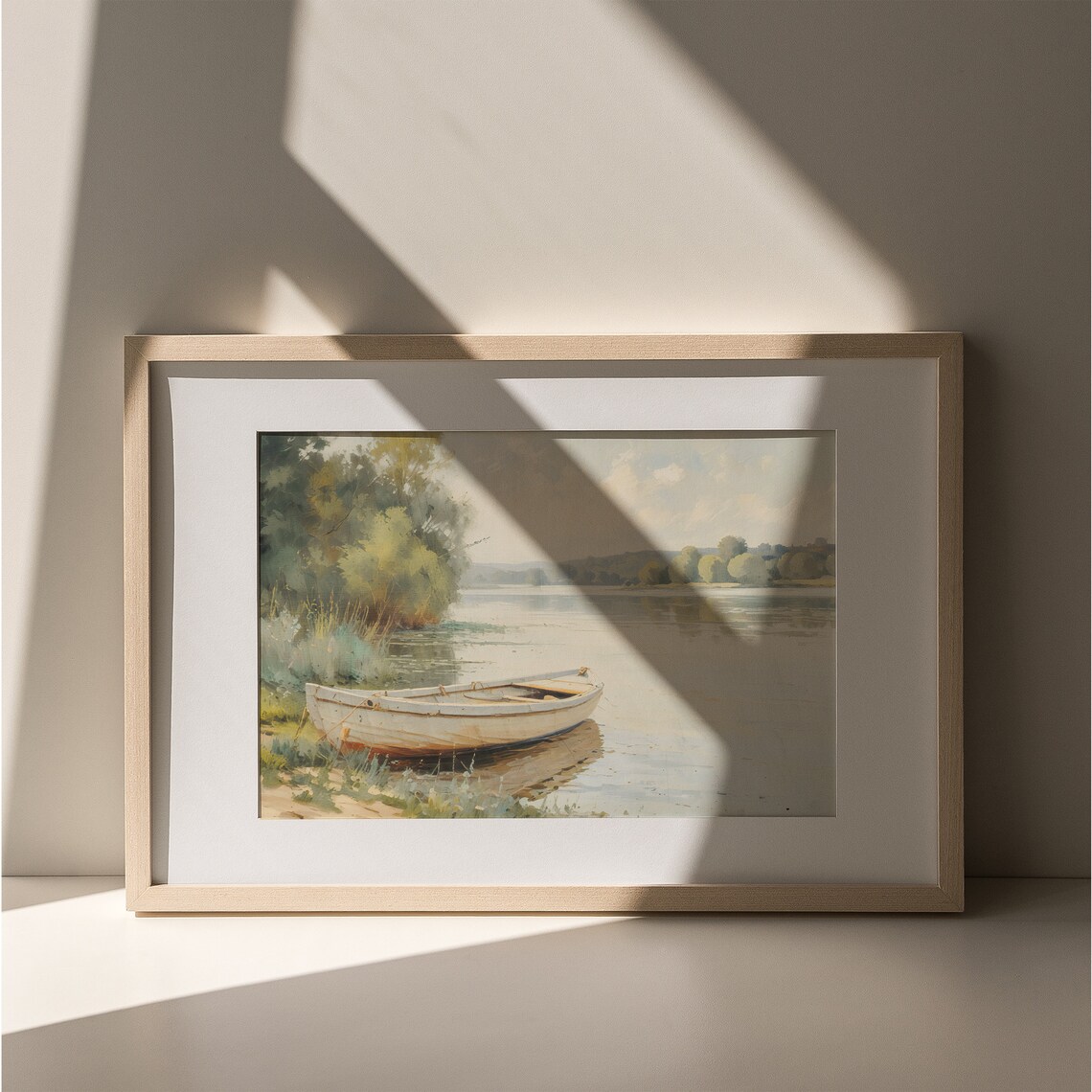 Vintage Summer Lake With White Rowboat Calm Water Landscape Painting Poster - Image 4