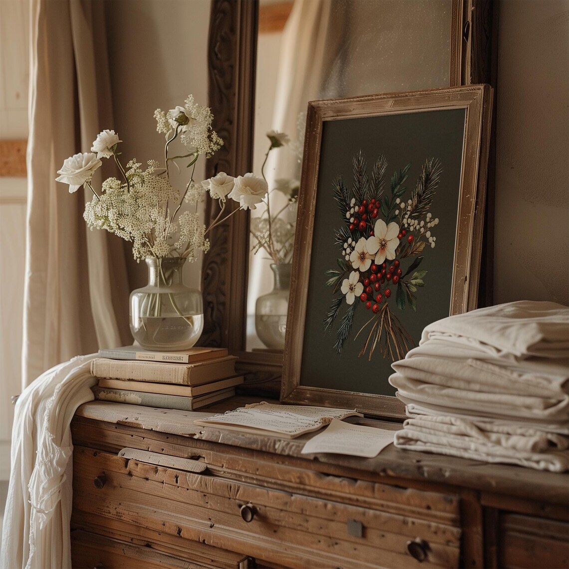 Winter Pine and Red Berry Bouquet Vintage Christmas Floral Poster - Image 2