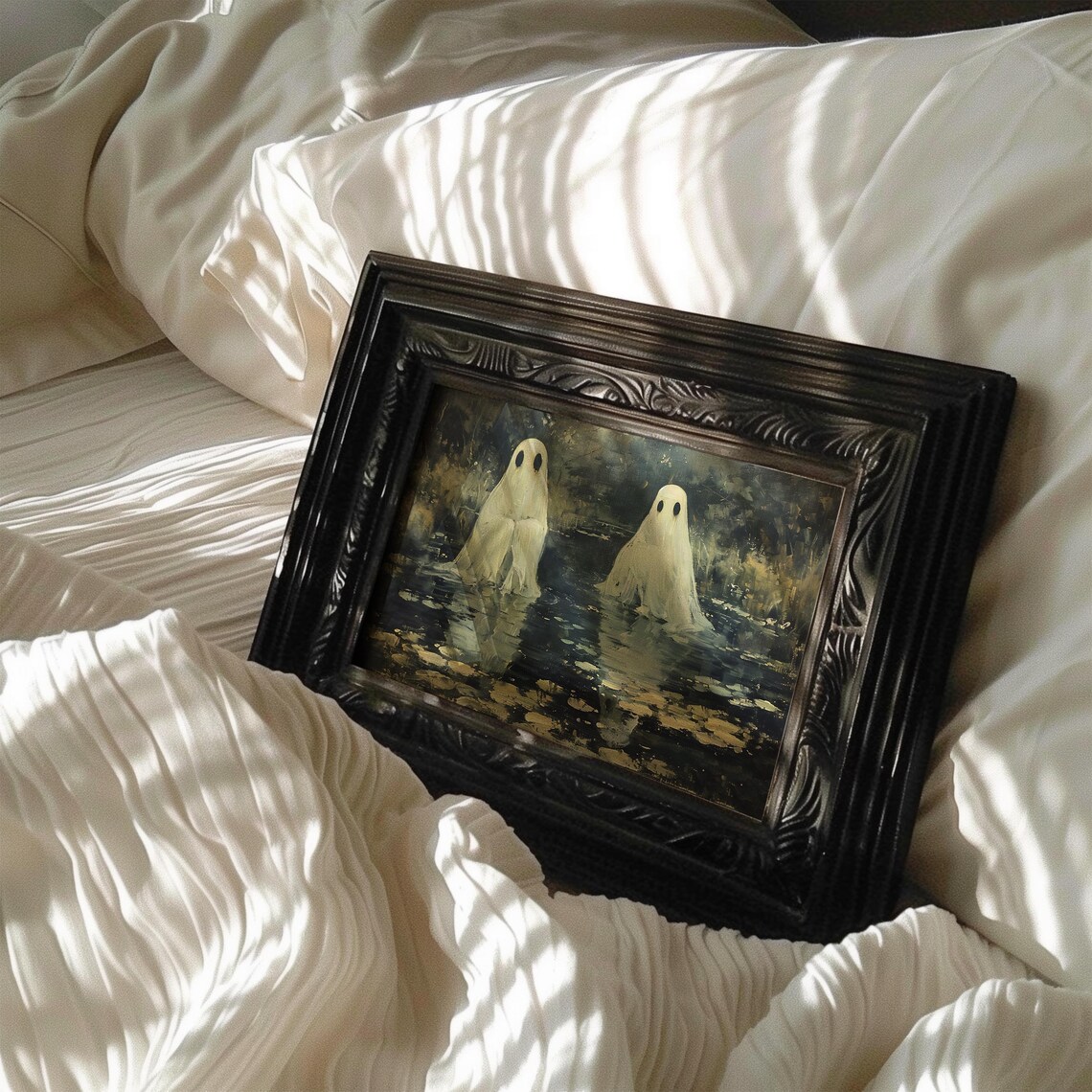 Two Sheet Ghosts Dark Lily Pond Moonlit Spooky Halloween Painting Poster - Image 6