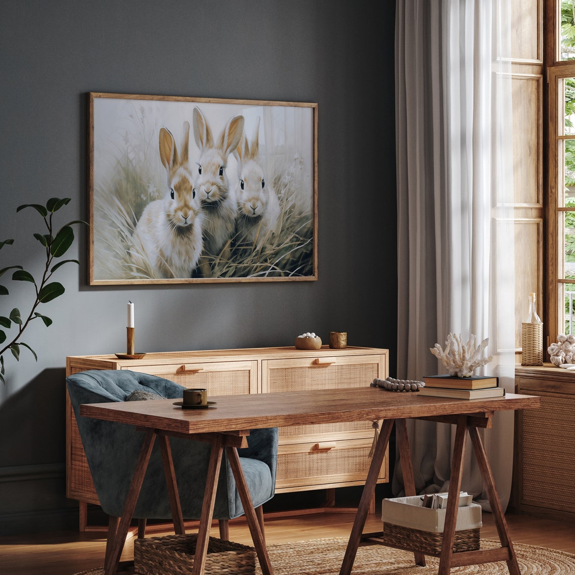 Three Spring Bunnies Tall Grass Vintage Rabbit Meadow Painting Poster - Image 2