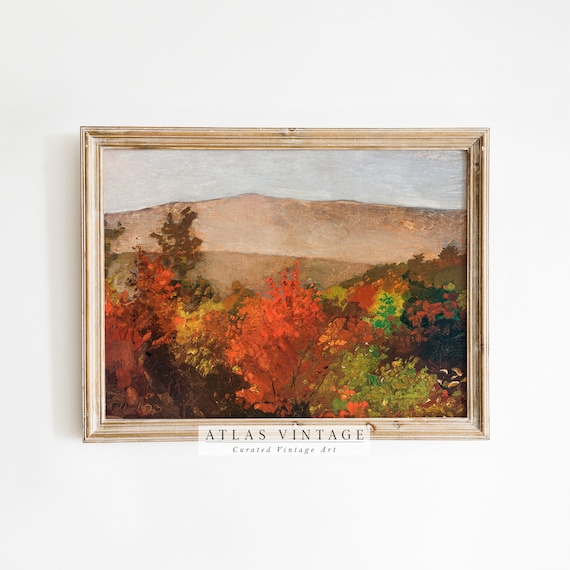 Fiery Red Orange Autumn Trees Mountain Ridge Vintage Oil Painting Poster