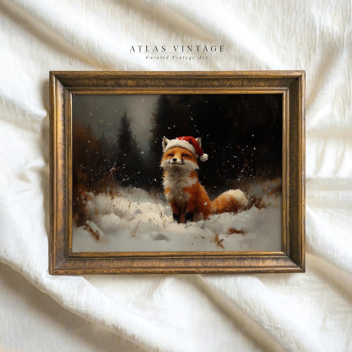 Fox in a Santa Hat Snowy Vintage Christmas Animal Painting Poster