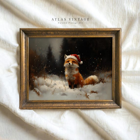 Cute Fox In Santa Hat Painting Xmas Print Vintage Fox Oil Painting Christmas Wall Decor Winter Snowy Landscape Art Print