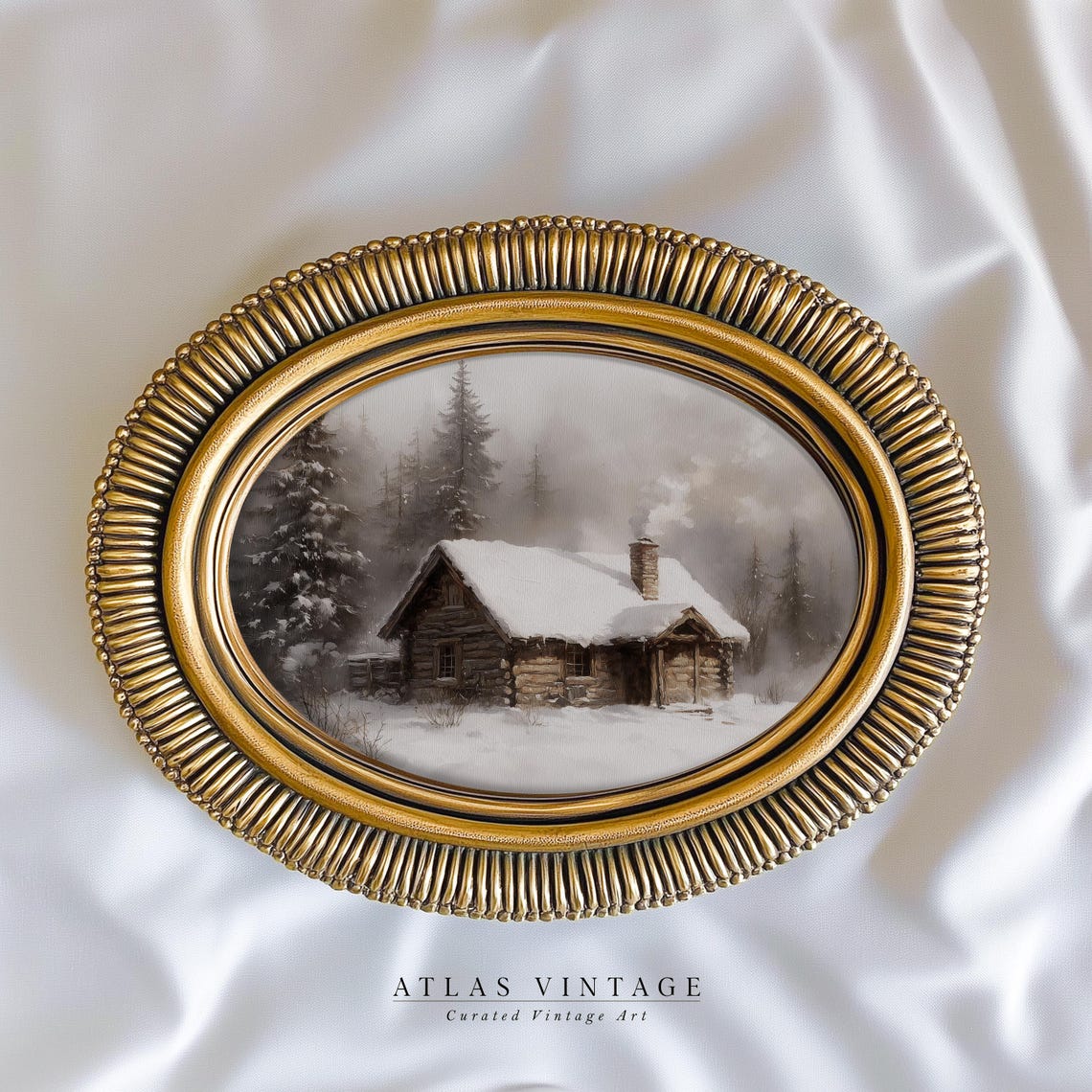 Rustic Log Cabin in a Snowy Winter Forest Landscape Vintage Poster - Image 6