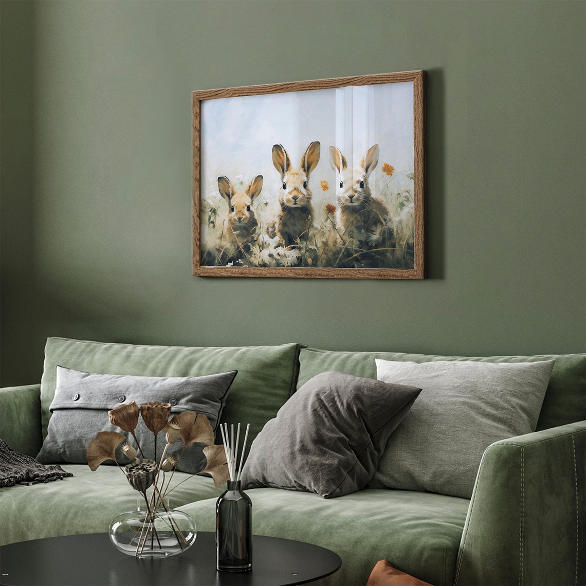 Three Vintage Easter Bunnies Wildflower Spring Rabbit Art Poster - Image 3