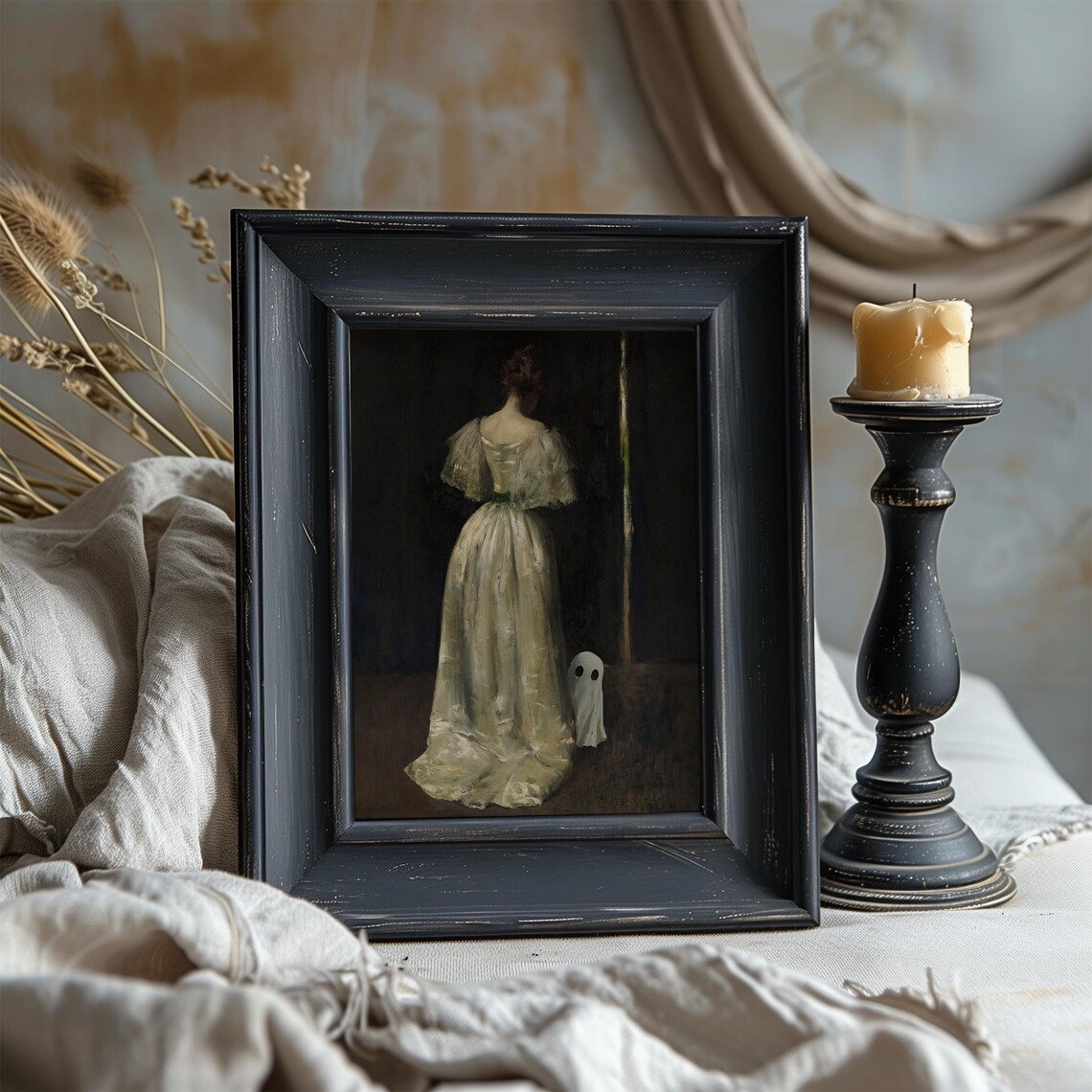 Moody Woman in White Gown with Cute Ghost Vintage Spooky Halloween Print - Image 7