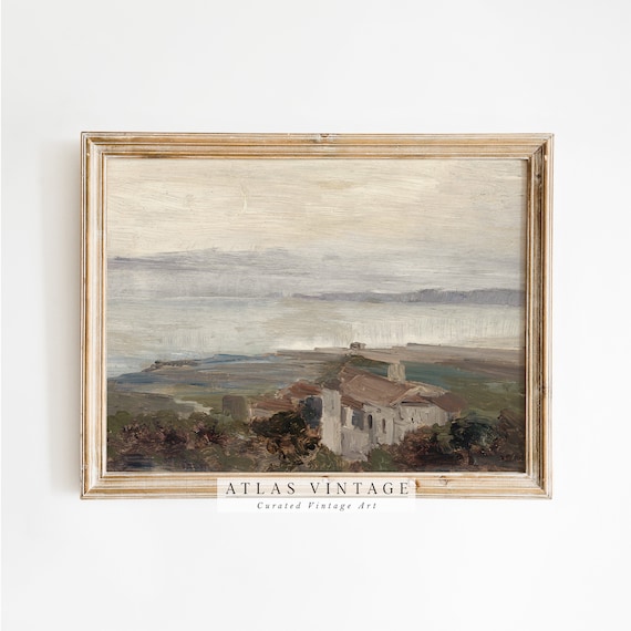 Beach House Coastal Hillside Vintage Seascape Painting Nautical Print
