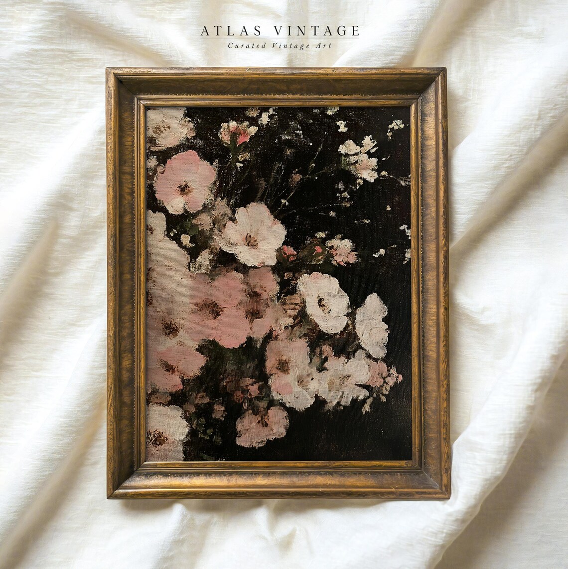 Moody Pink Cherry Blossom Flowers on Dark Background Floral Poster