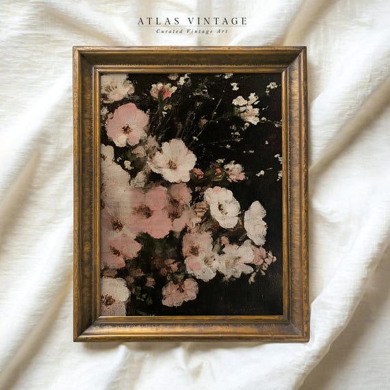 Vintage Moody Pink Flower Still Life Oil Painting Print Dark Academia Aesthetic Botanical Art Pastel Floral Renaissance Decor