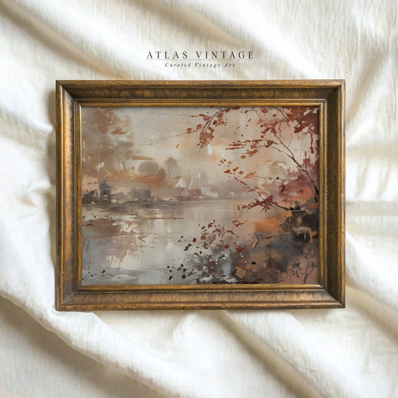 Vintage Fall Landscape Print Antique Autumn Lake Watercolor Painting Moody Scenery Decor Rustic Cottagecore Wall Art