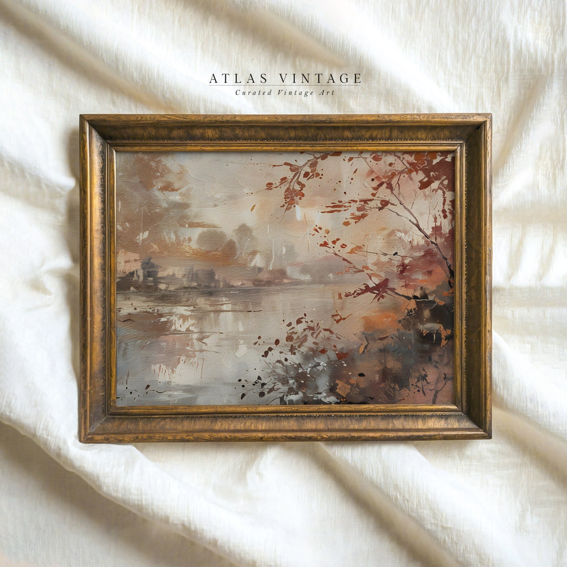 Misty Autumn Lake Red Foliage Watercolor Fall Landscape Poster
