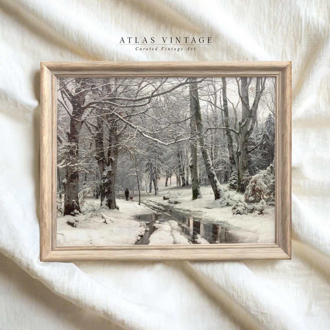 Snowy Winter Forest Path With Frozen Pond And Lone Walker Fine Art Poster