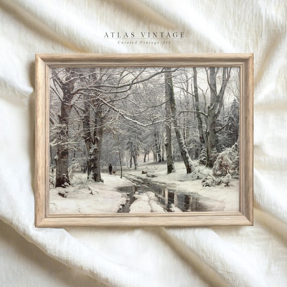 Snowy Winter Forest Path With Frozen Pond And Lone Walker Fine Art Poster