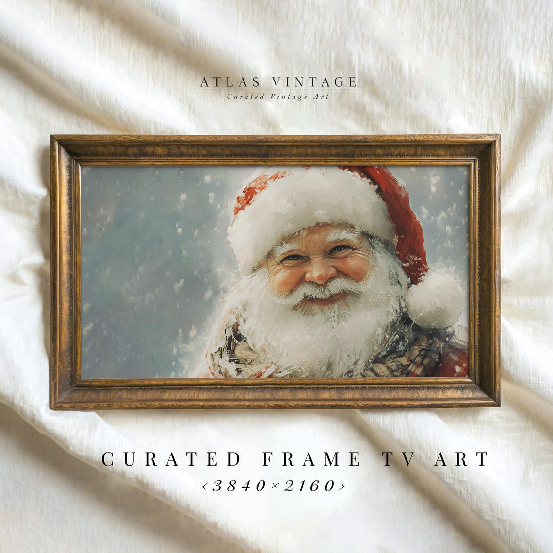 Santa Claus Smiling Portrait in Falling Snow Vintage Christmas Poster