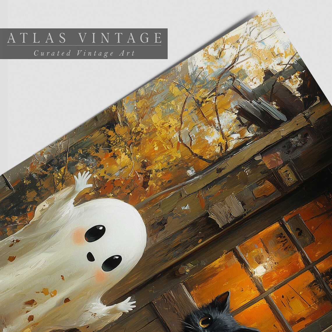 Cute Ghost Black Cat and Jack O Lantern Halloween Porch Painting Art Poster - Image 2