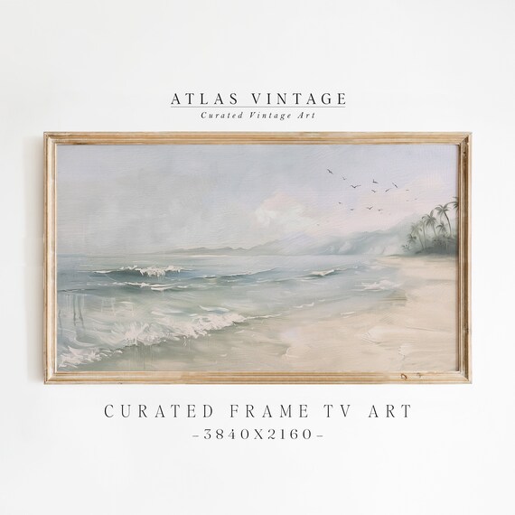 Tropical Beach With Palm Trees Gentle Waves and Distant Peaks Poster