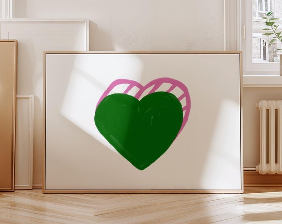Green Heart Colorful Hearts Art Bedroom Wall Dopamine Decor Illustration Naive
