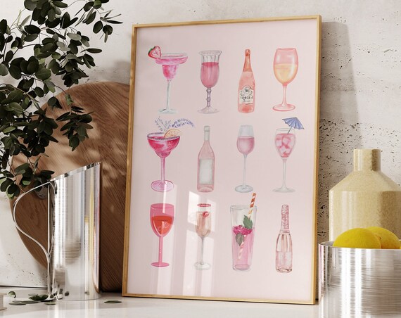 Retro Watercolor Champagne Cocktail Posteraesthetic Girly Bar Cart Artpreppy Pink Posterswine Bottle Cute Girly Poster Champagne Wall Art