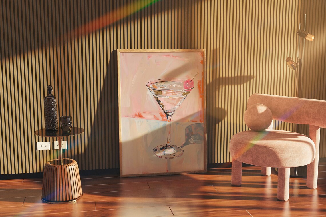 Pink Cherry Martini Glass Elegant Cocktail Painting Wall Art - Image 3