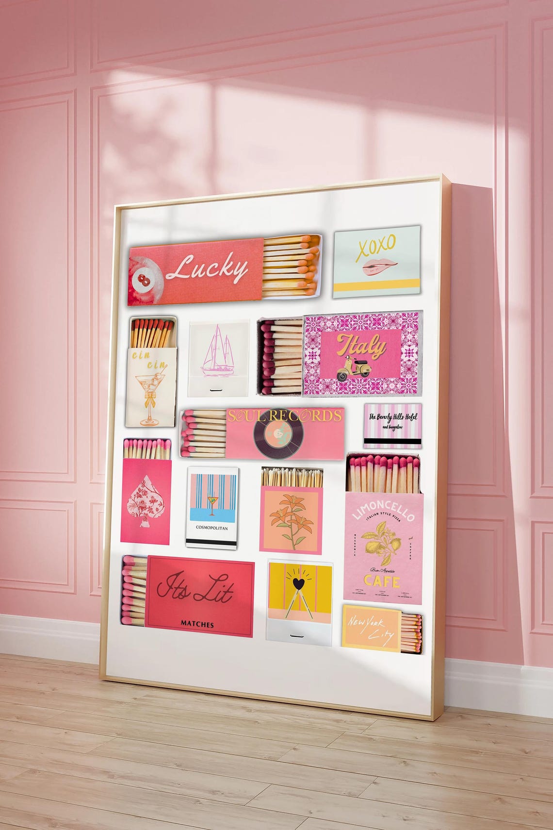 Pink Matchbox Collage Lucky 8 Ball Cocktails Italy Trendy Poster