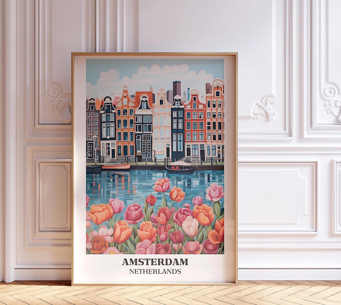 Amsterdam Canal Houses and Blooming Tulips European Travel Poster - Image 2