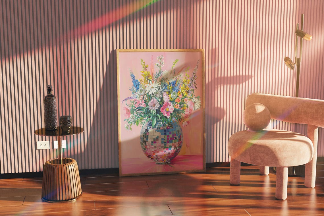 Disco Ball Vase Wildflowers Maximalist Pink Floral Art Poster - Image 4
