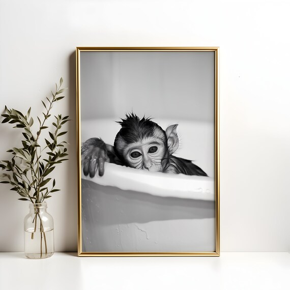 Baby Monkey Peeking Over Bathtub Black And White Funny Poster
