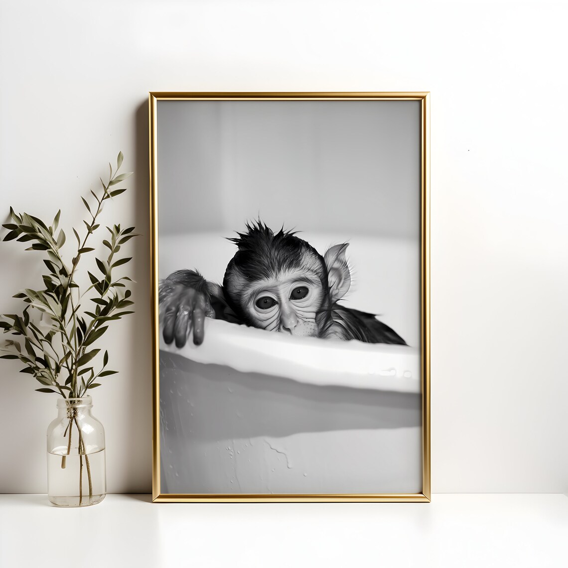 Baby Monkey Peeking Over Bathtub Black And White Funny Poster