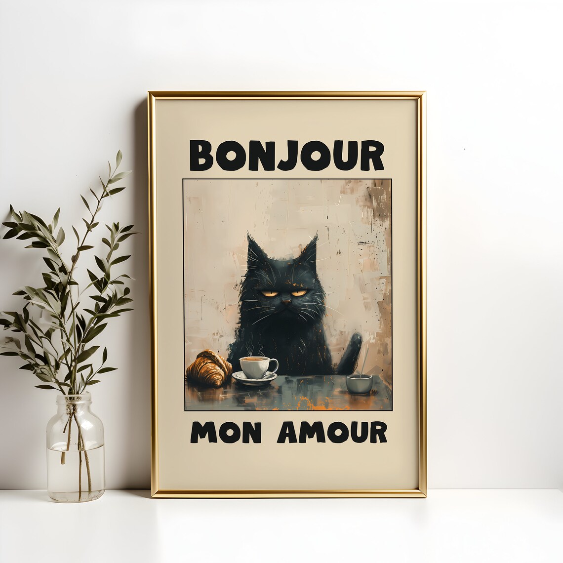 Grumpy Black Cat Bonjour Mon Amour Painted Cafe Style Art Print - Image 2