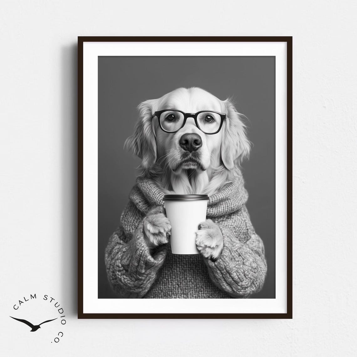Golden Retriever Coffee Lover Black and White Dog Portrait Wall Poster