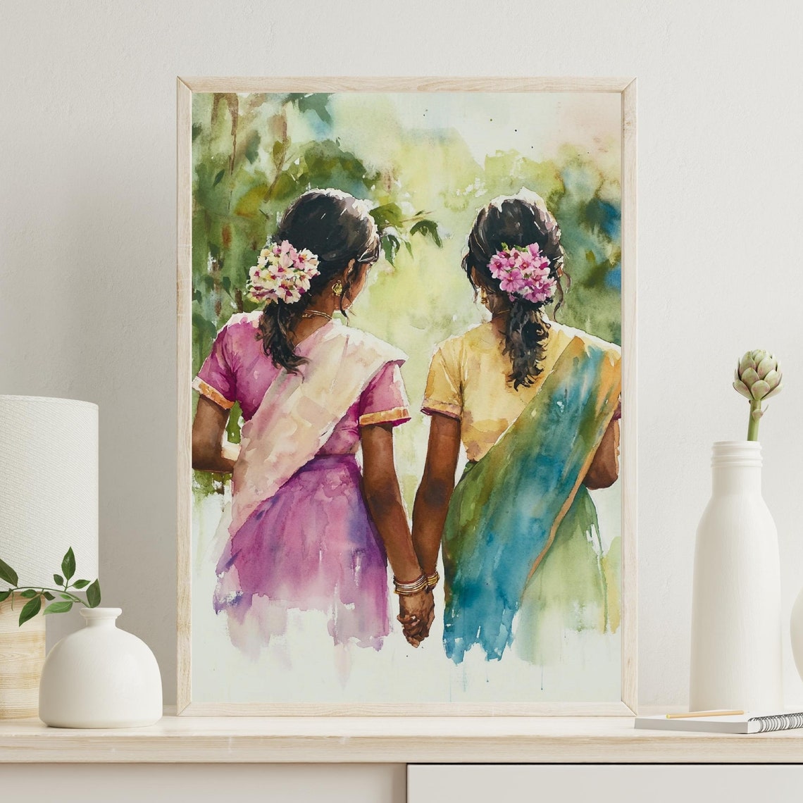 South Indian Best Friends Art Sister Wall Art Tamil Girls Watercolor Painting Desi Painting South Asian Women Print Indian Home Decor Gift