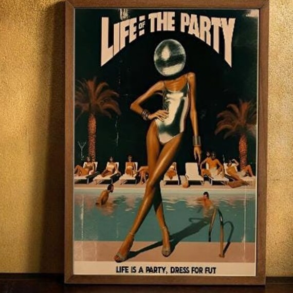 Life Of The Party Disco Ball Head Poolside Vintage Surreal Retro Poster