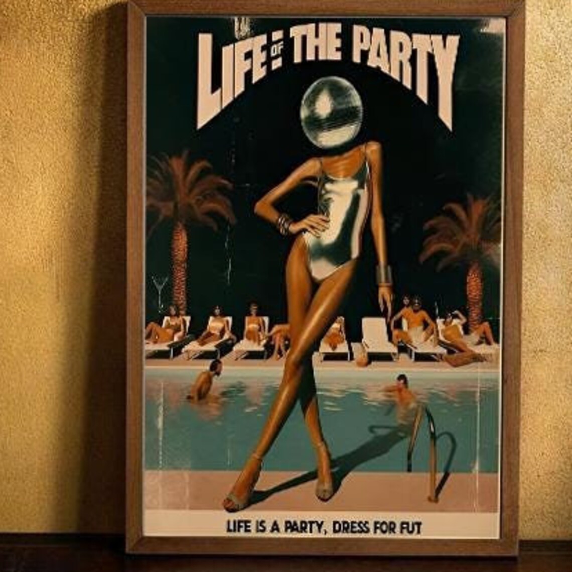 Life Of The Party Disco Ball Head Poolside Vintage Surreal Retro Poster
