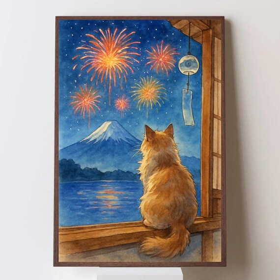 Cat Watching Fireworks Mount Fuji Japanese Summer Night Art Poster
