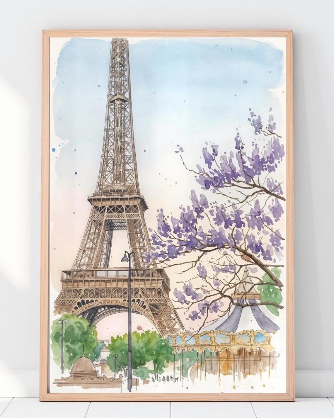 Eiffel Tower Watercolor Purple Blossom Carousel Romantic Paris Poster