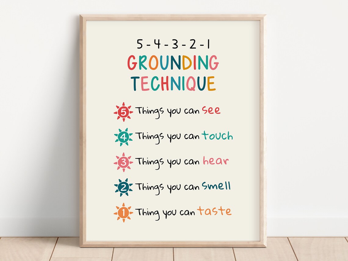 5 4 3 2 1 Grounding Technique Sunshine Handwritten Anxiety Poster - Image 2