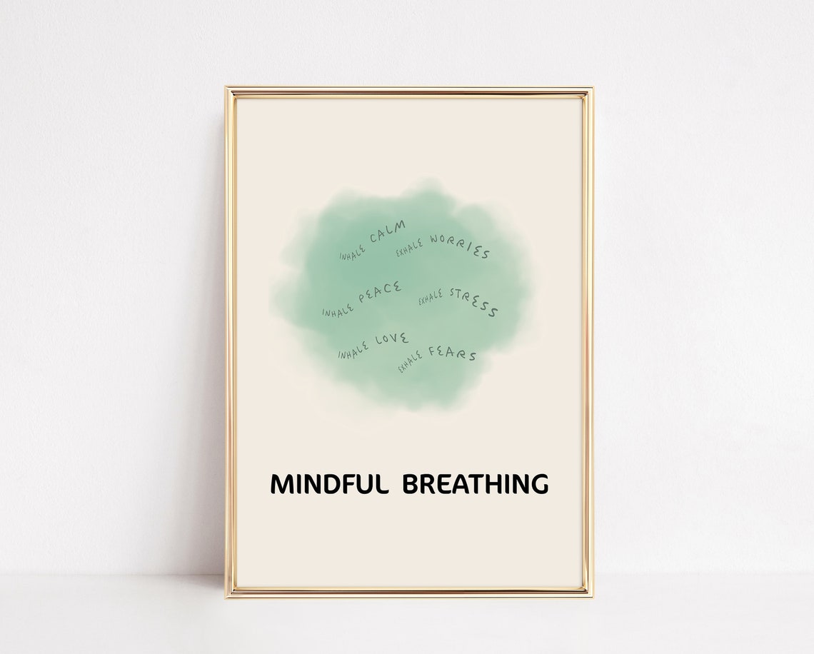 Mindful Breathing Inhale Exhale Calm Green Watercolor Therapy Poster