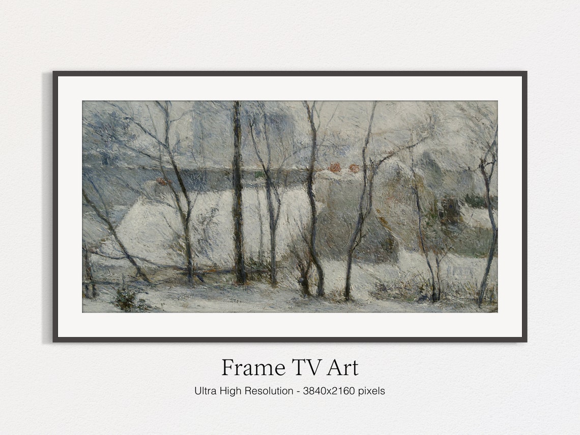 Impressionist Snowy Village Bare Trees Grey Winter Landscape Print - Image 4