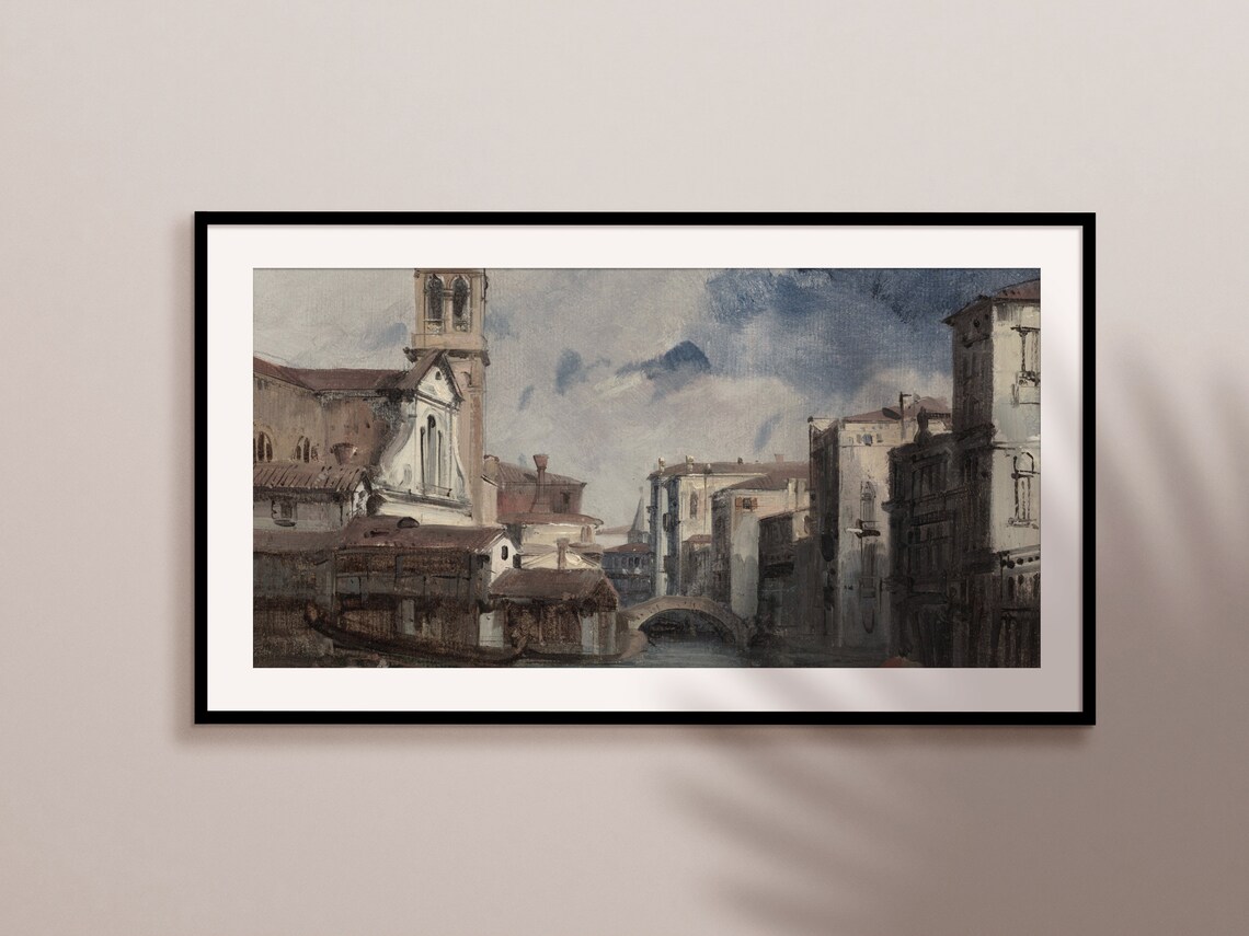 Vintage Venice Canal Painting Italian Church Tower Bridge Wall Art - Image 2
