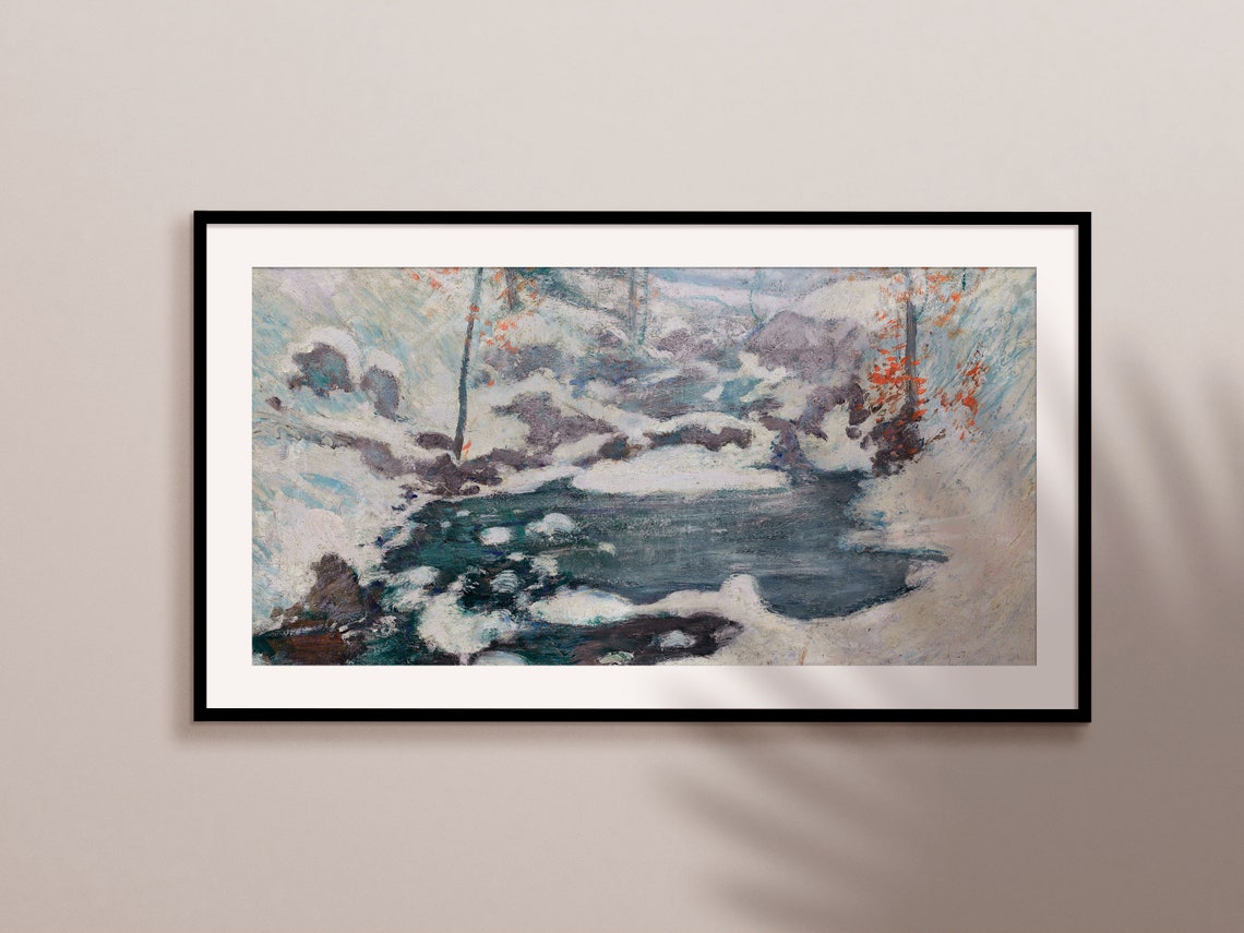 Frozen Stream In Snowy Forest Impressionist Winter Landscape Art Print - Image 2