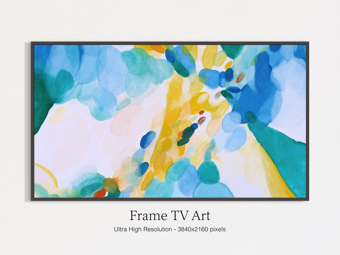 Blue Yellow Teal Abstract Watercolor Painting Colorful Wall Art Print