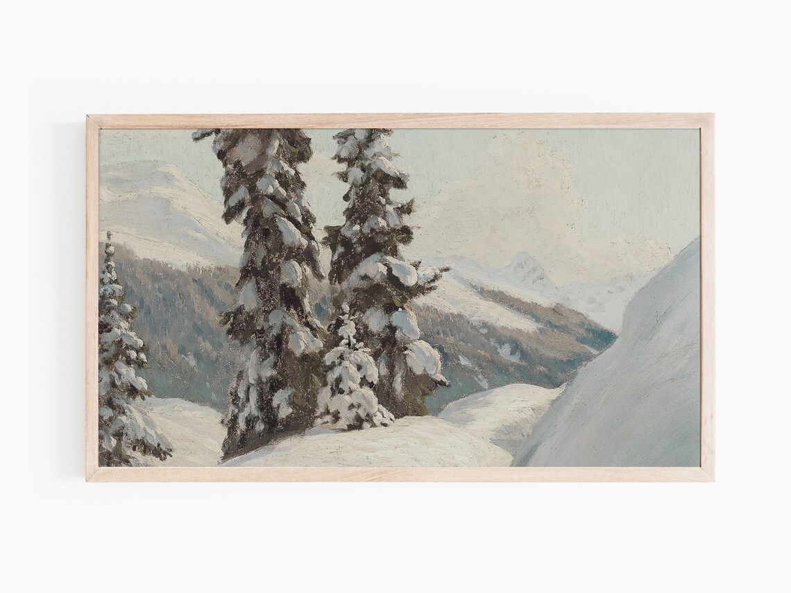 Snowy Alpine Mountains and Pines Winter Vintage Oil Painting Poster - Image 2