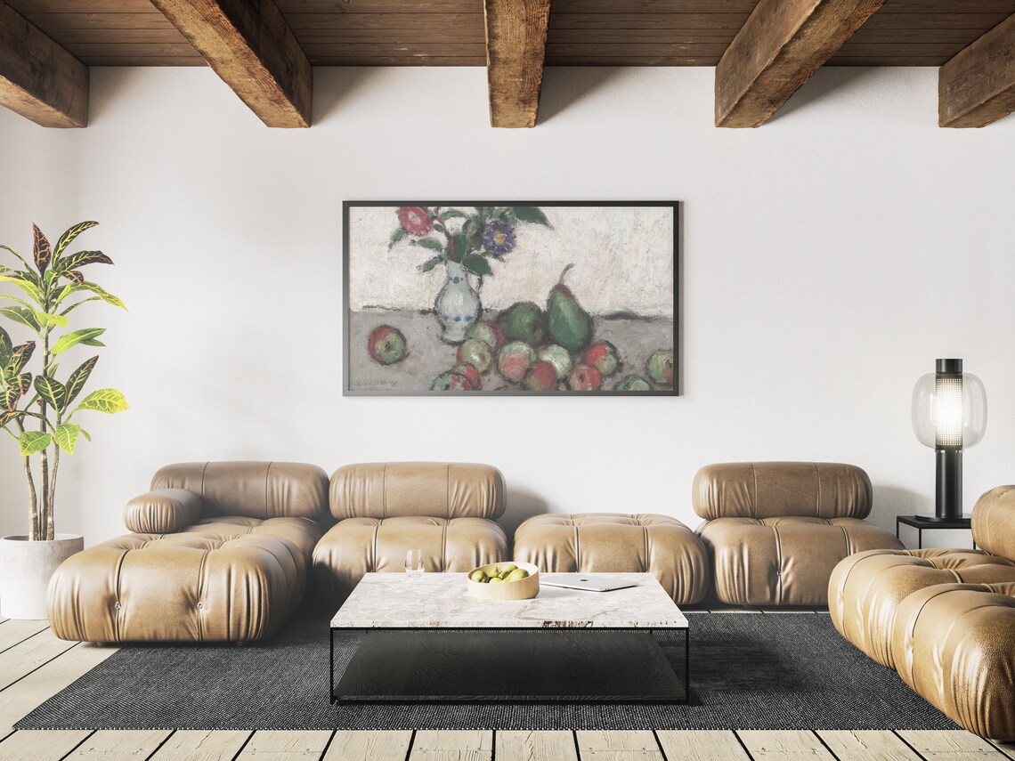 Vintage Still Life Oil Painting White Vase Flowers Pears Apples Poster - Image 3