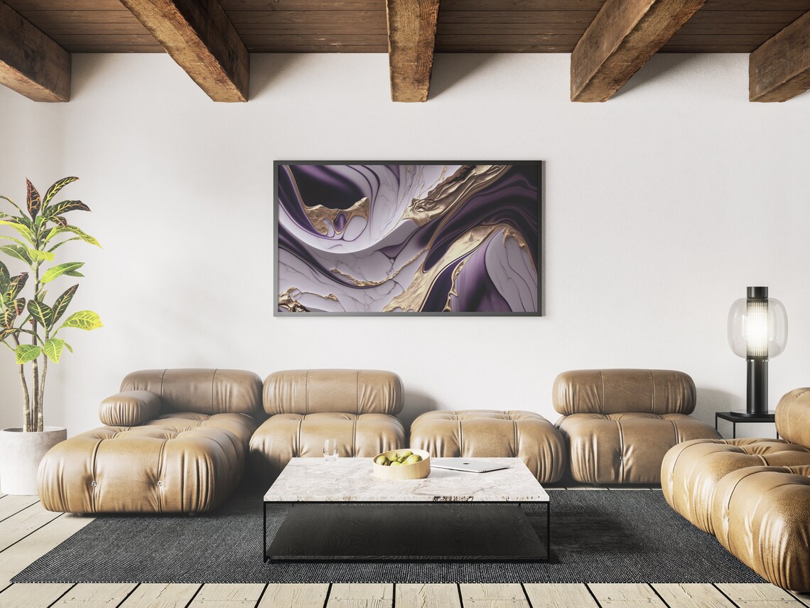 Luxury Purple Gold Marble Swirl Abstract Painting Wall Art Print - Image 4