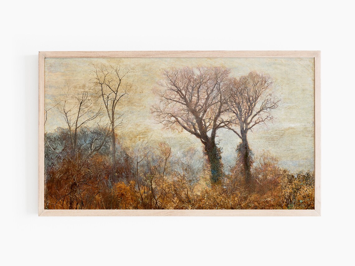 Bare Trees at Dusk Autumn Meadow Vintage Landscape Oil Painting Print - Image 2