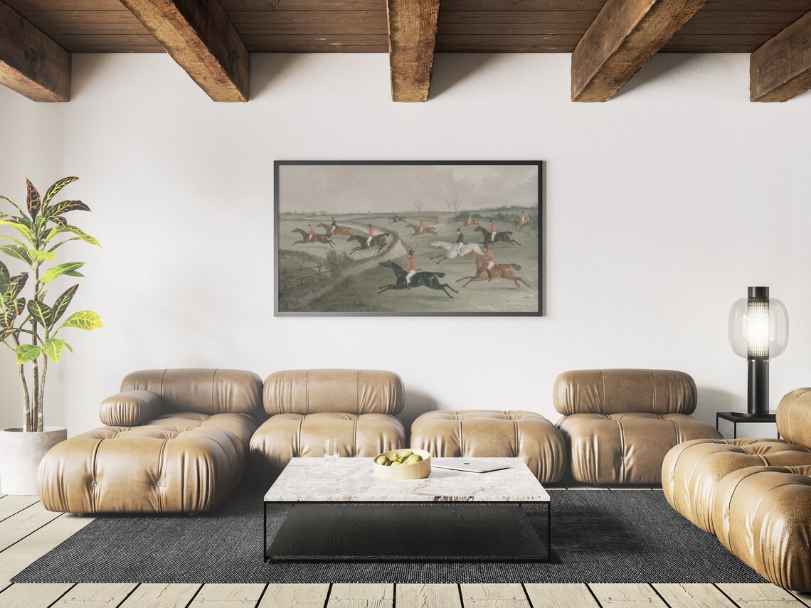 Vintage Horses Neutral Oil Landscape Art Print - Image 3