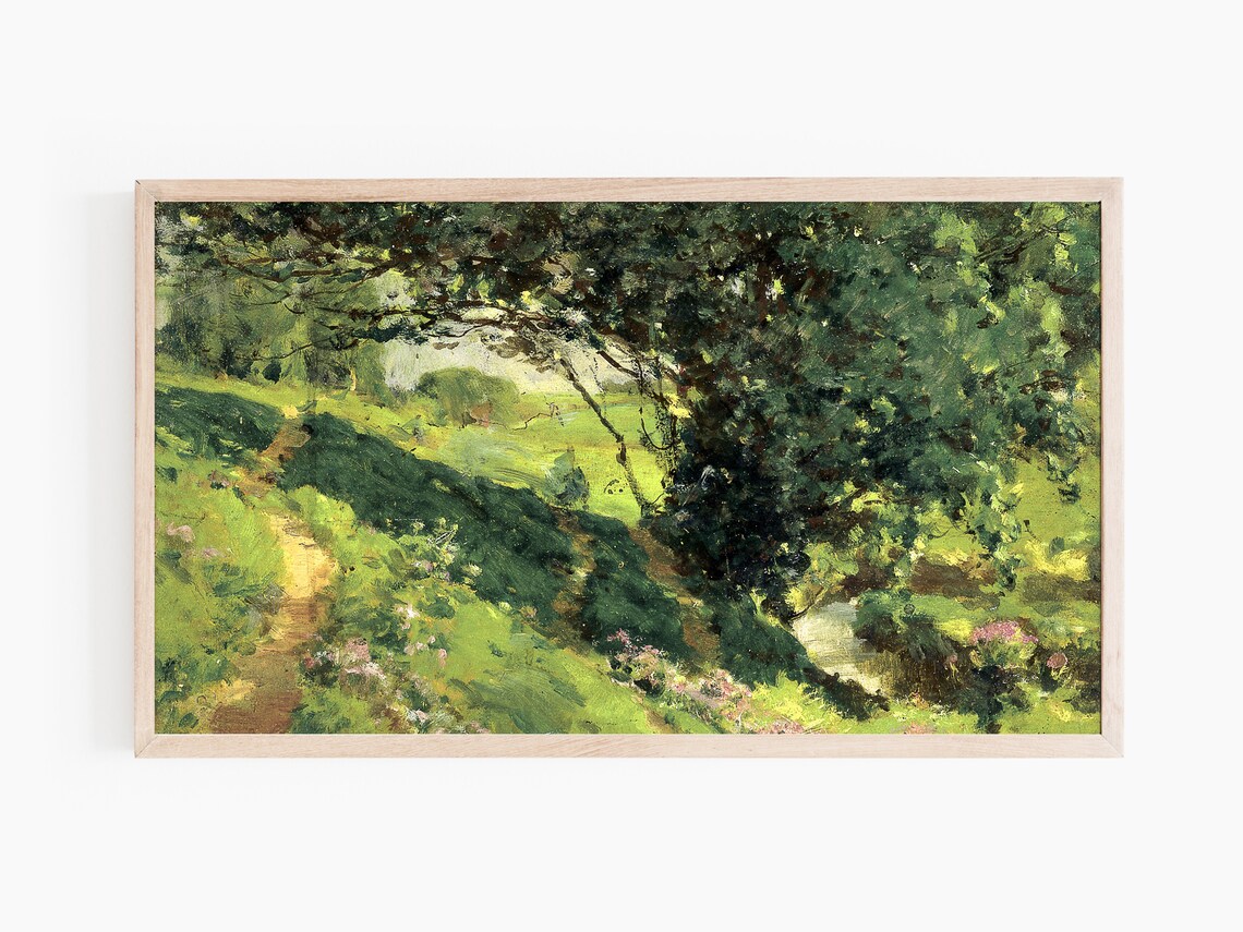 Summer Forest Path Painting Lush Green Woodland Stream Landscape Art - Image 3